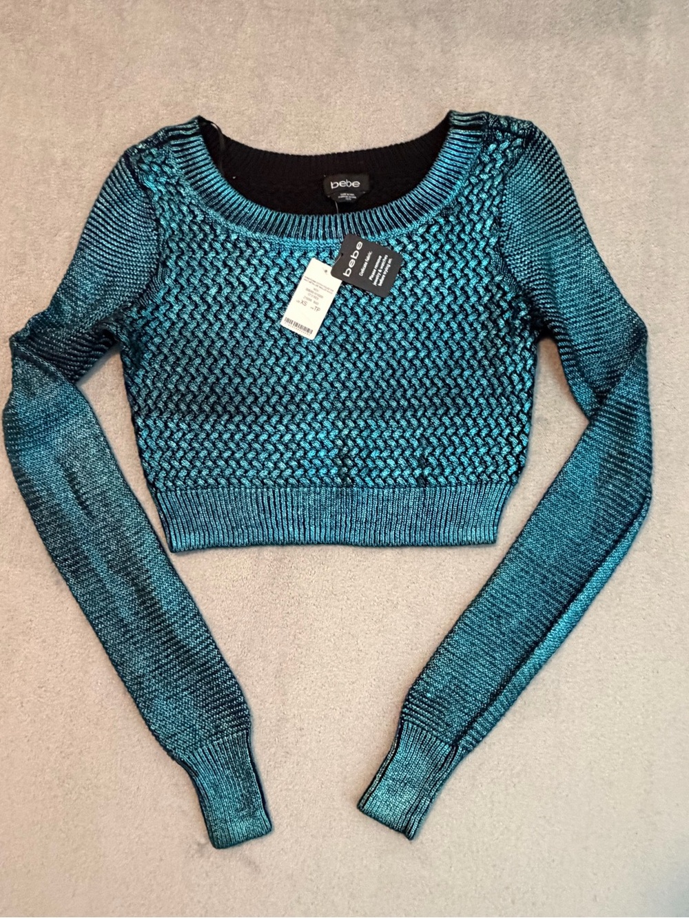 NWT bebe - Teal Blue Metallic Crop Too Foiled Knit Sweater Size XS Festival Glam